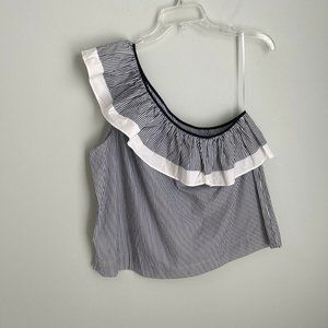 New J. Crew Women's Blue Striped One Shoulder Ruffle Top